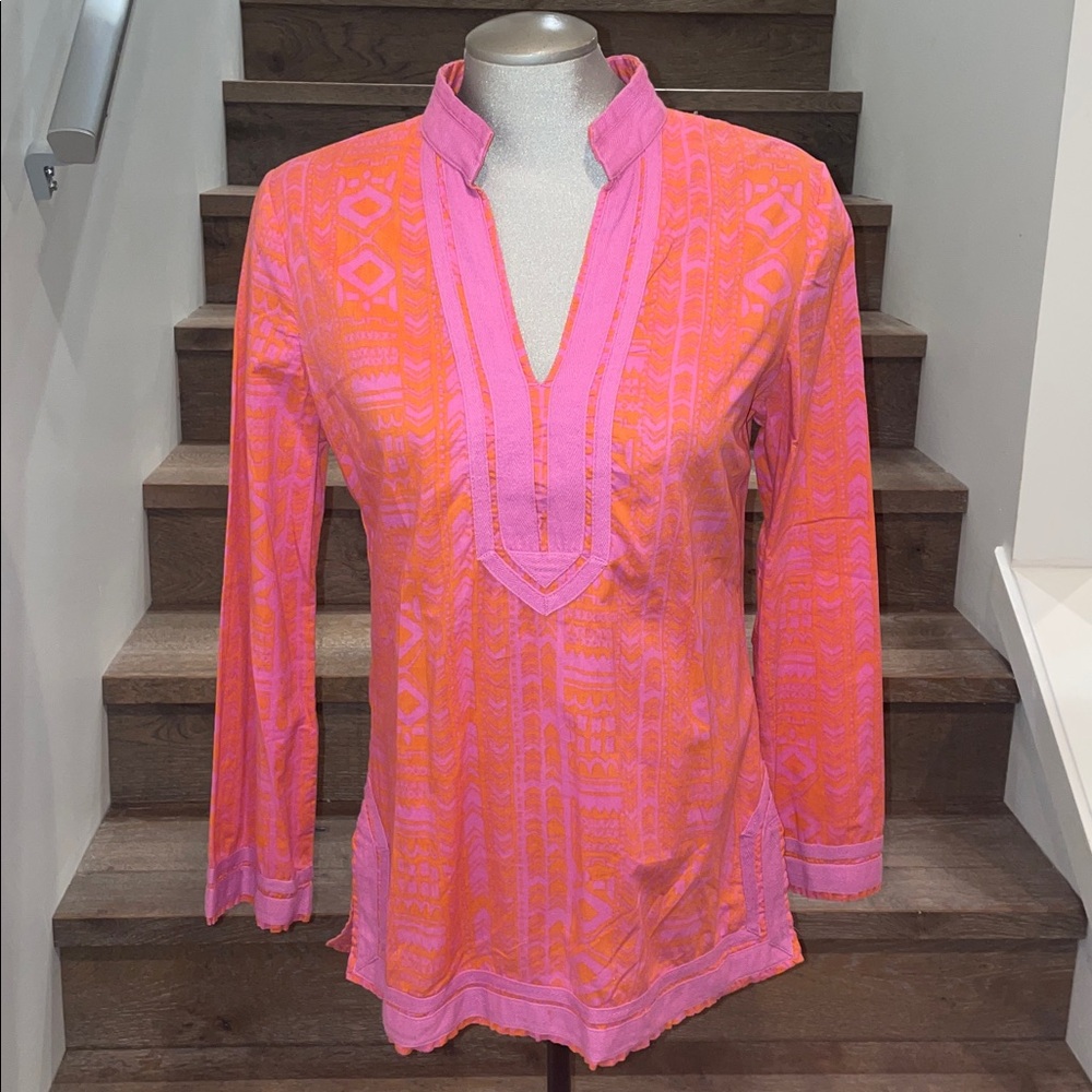Chadwicks Orange and Pink Long Sleeve Tunic with Mandarin Collar